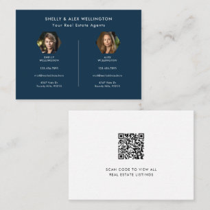 Two Person Blue Custom QR Code Photo Real Estate Business Card