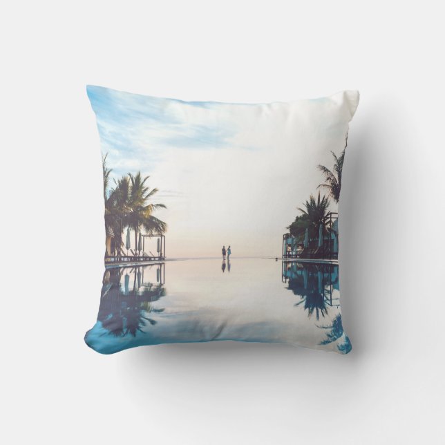 Two person standing beside swimming pool throw pillow (Front)
