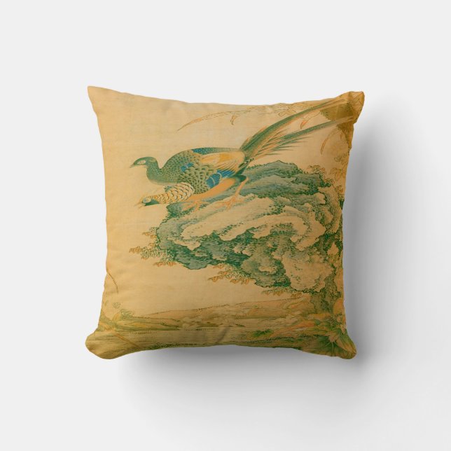 Two Pheasants 19th c. Chinese Print Throw Pillow (Front)
