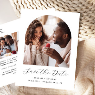 Two Photo Arch Black White QR Code Save the Date Postcard