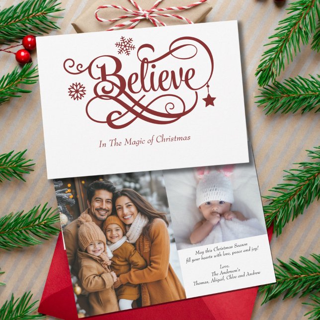 Two Photo Believe Red Snowflakes Christmas Card (Believe Two Photo Christmas Card with personalized message)