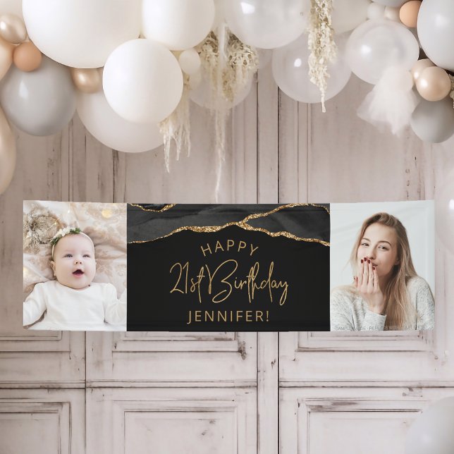 Two Photo Black Gold Agate 21st Birthday Banner (Creator Uploaded)