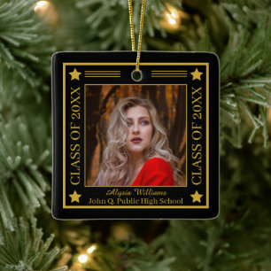 Two Photo Black   Gold Class Year Graduation Ceramic Ornament