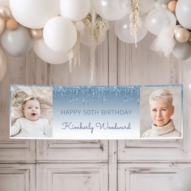 Two Photo Blue Dripping Glitter 50th Birthday Banner (Creator Uploaded)