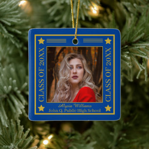Two Photo Blue   Gold Class Year Graduation Ceramic Ornament