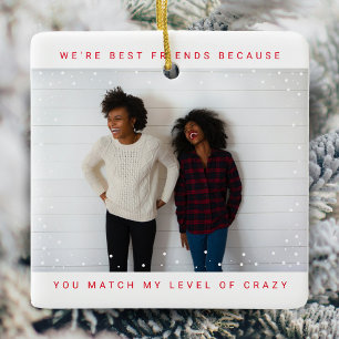 Two Photo Bold Red Best Friend Snowfall Holiday Ceramic Ornament