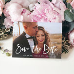 Two Photo | Casual Script Save the Date Announcement Postcard<br><div class="desc">This modern and elegant save the date postcard features two of your favourite personal photos,  with casual white handwritten script. The back contains a second photo with a translucent overlay,  and more of your wedding details and information. A simple and modern look that will fit perfectly with your style!</div>