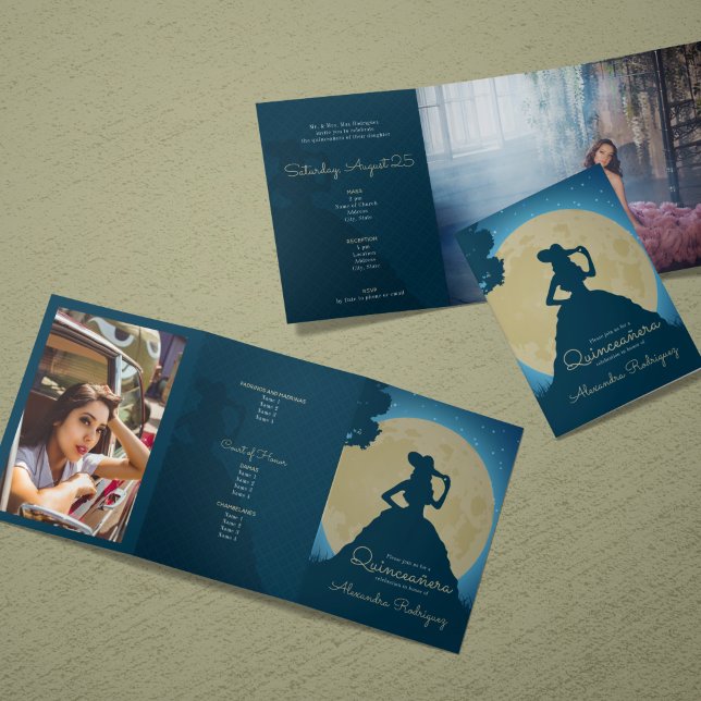 Two Photo Charro Silhouette with Moon Quinceanera Tri-Fold Invitation (Creator Uploaded)