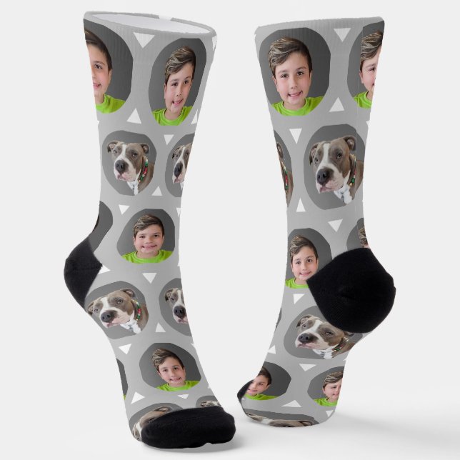 Two Photo Child or Pet Photo Grey Custom Socks (Angled)