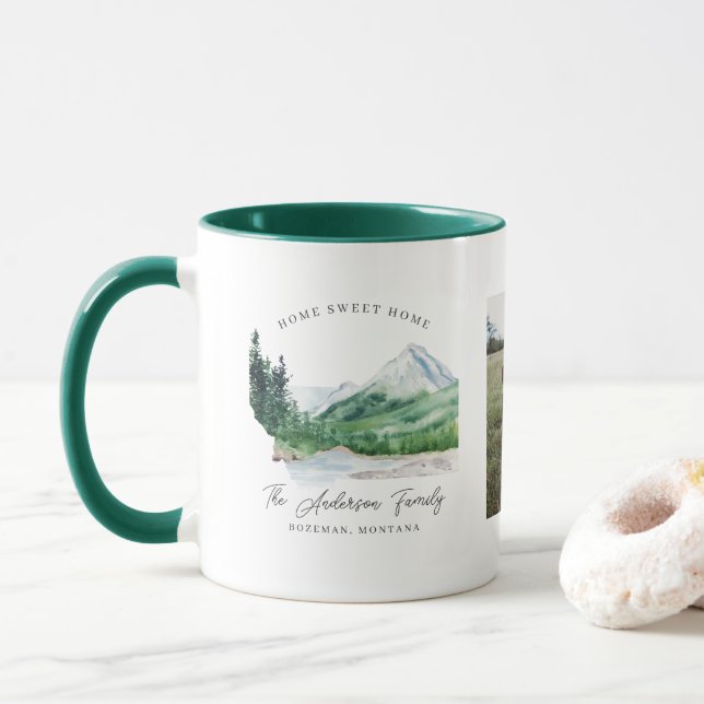 Two Photo Collage | Family Name Monogram Montana Mug (With Donut)