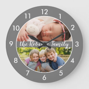 Two Photo Collage Grey Custom Large Clock