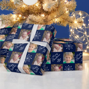 Two Photo Collage Navy Blue Merry Christmas Wrapping Paper