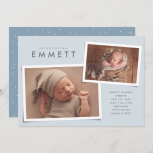 Two photo collage simple type blue birth announcement