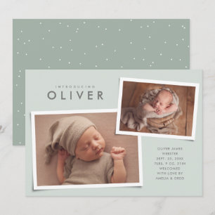 Two photo collage simple type green birth announcement