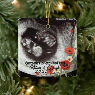 Two Photo Custom Text Red Poppies Free Palestine Ceramic Ornament