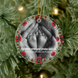 Two Photo Custom Text Red Poppies Free Palestine Ceramic Ornament