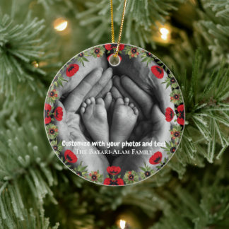 Two Photo Custom Text Red Poppies Free Palestine Ceramic Ornament