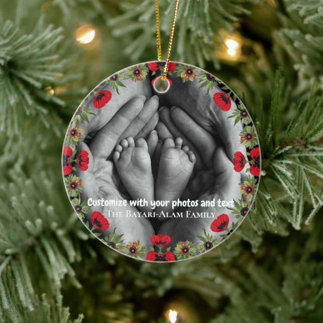 Two Photo Custom Text Red Poppies Free Palestine Ceramic Ornament (Tree)