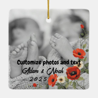 Two Photo Custom Text Red Poppies Free Palestine Ceramic Ornament