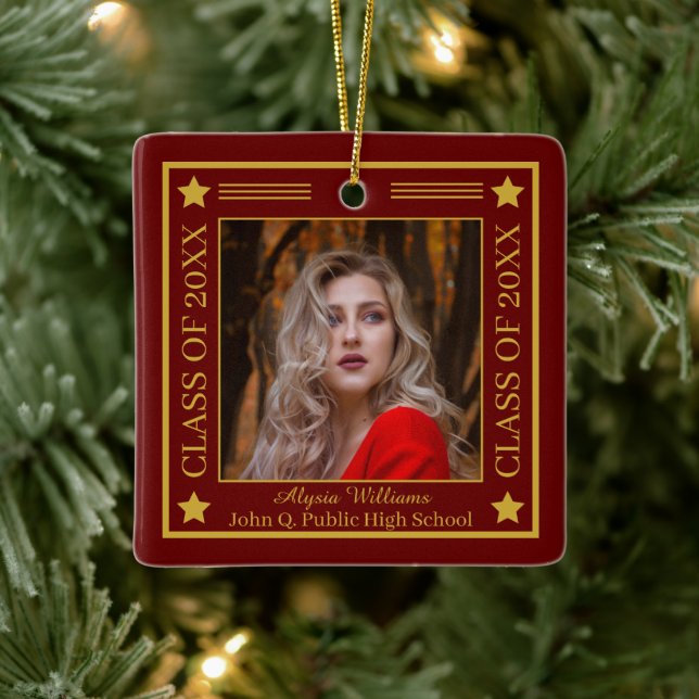 Two Photo Dk Red | Gold Class Year Graduation Ceramic Ornament (Tree)