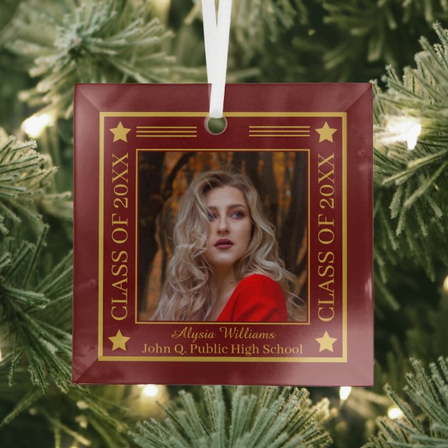 Two Photo Dk Red | Gold Class Year Graduation Glass Ornament (Insitu)