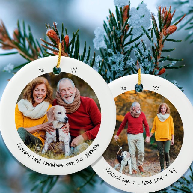 Two Photo Dog First Christmas Cute Minimalist Ceramic Ornament (Creator Uploaded)