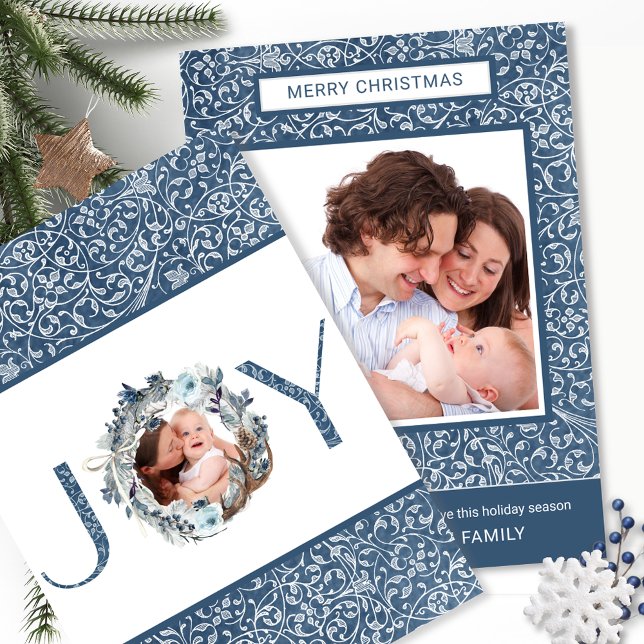 Two Photo, Elegant Blue and Grey Swirl Pattern Holiday Card (Creator Uploaded)