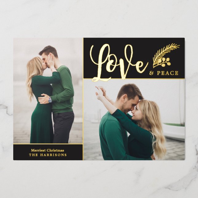Two Photo Elegant Love and Peace | Black Foil Holiday Card (Front)