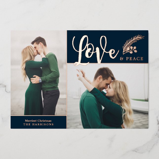 Two Photo Elegant Love and Peace | Navy Blue Foil Holiday Card (Front)