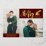 Two Photo Elegant Merry Christmas | Burgundy   Foil Holiday Card<br><div class="desc">This beautiful Christmas Two Photo Card features stylish typography, reading, "Merry Christmas" in real gold foil over a burgundy red background. Other foil options are rose gold and silver. A pine sprig with berries adds a festive touch. The back of the card is left blank - leave as is, add...</div>