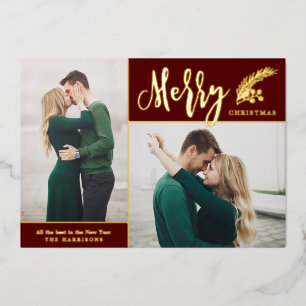 Two Photo Elegant Merry Christmas Burgundy Foil Holiday Card