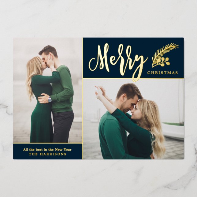 Two Photo Elegant Merry Christmas | Navy Blue   Foil Holiday Card (Front)