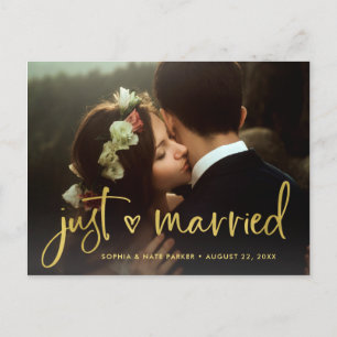 Two Photo   Faux Gold Heart Just Married Announcement Postcard