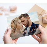 Two Photo | Faux Rose Gold Script Save the Date Announcement Postcard<br><div class="desc">This whimsical and elegant save the date postcard features two of your favourite personal photos, with trendy faux rose gold look handwritten script. The back contains a second photo with a translucent overlay, and more of your wedding details and information. A simple and modern look that will fit perfectly with...</div>