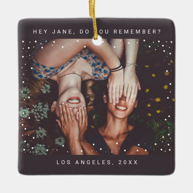 Two Photo Friend Minimalist Holiday Keepsake Ceramic Ornament (Front)