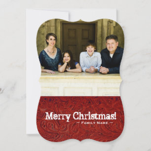 Two Photo Front Back Red Leather Look Holiday Card