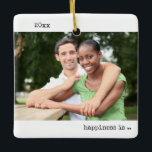 Two Photo Happiness is Being Engaged Minimalist Ceramic Ornament<br><div class="desc">Minimalist ornament with your custom photos and modern typewriter style typography. The design is double-sided and the template is set up ready for you to add your full size photos to the front and back. The year and the wording are fully editable - sample wording reads "happiness is being engaged"....</div>