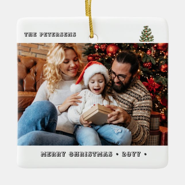 Two Photo Happiness is .. Family Cute Minimalist  Ceramic Ornament (Front)