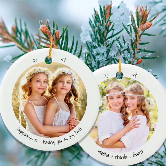 Two Photo Happiness is .. Twin Cute Minimalist Ceramic Ornament (Creator Uploaded)