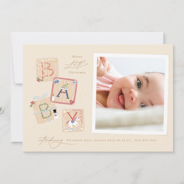 Two Photo My First Merry Christmas Baby Birth Holiday Card (Front)
