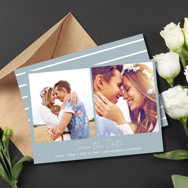 Two Photo Nautical Stripe Beach Wedding Save The Date (Two Photo Nautical Stripe Beach Wedding Save The Date)