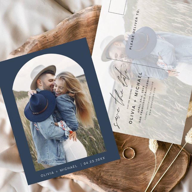 Two Photo Navy Blue Save the Date Postcard (Creator Uploaded)