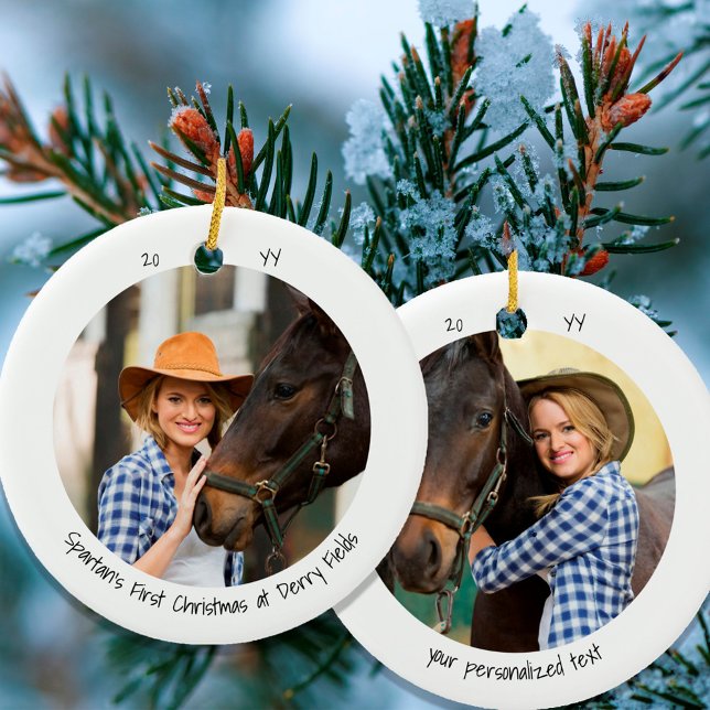 Two Photo Pet First Christmas Cute Minimalist Ceramic Ornament (Creator Uploaded)
