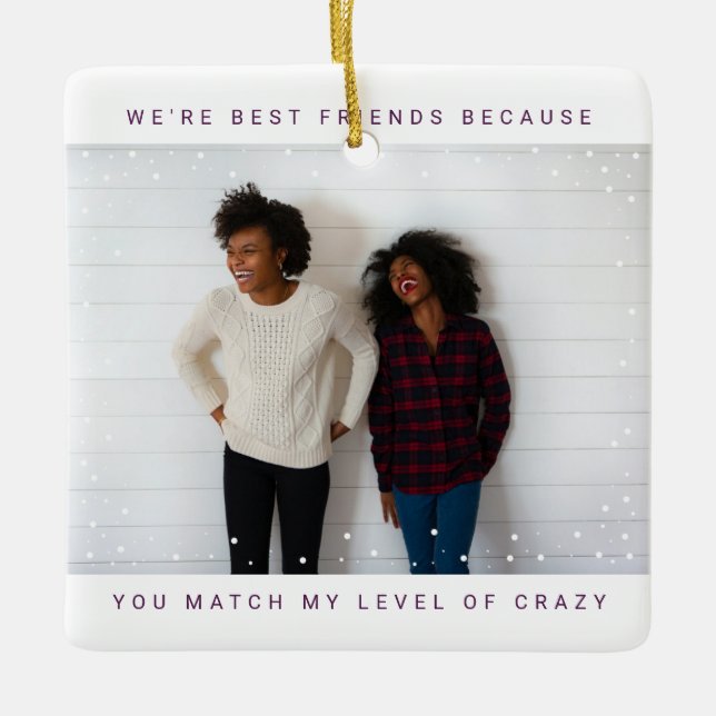 Two Photo Purple Best Friend Snowfall Holiday Ceramic Ornament (Front)