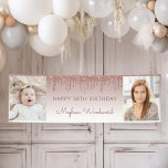 Two Photo Rose Gold Dripping Glitter 30th Birthday Banner<br><div class="desc">Welcome guests with this chic, glamourous 30th birthday party photo banner, featuring a sparkly rose gold faux glitter drip border and rose gold ombre background. Easily replace the two sample images with photos of the guest of honour. Personalize it with her name in dark rose handwriting script beneath the words...</div>