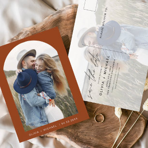 Two Photo Terracotta Save the Date Postcard Script