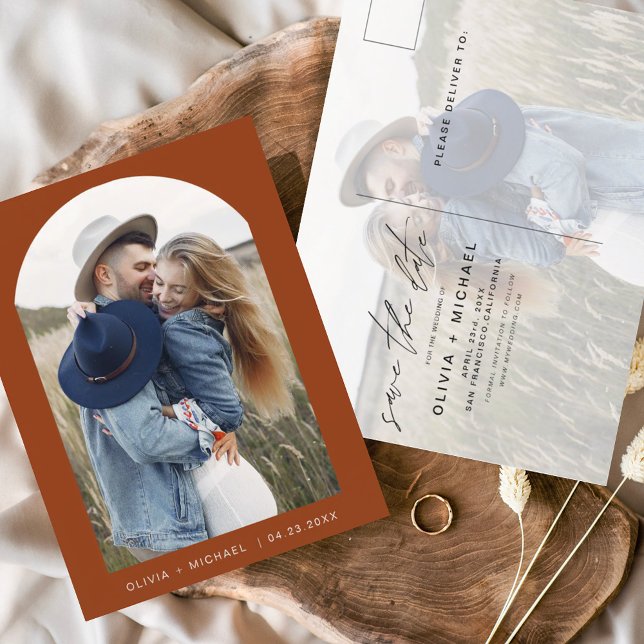 Two Photo Terracotta Save the Date Postcard Script (Creator Uploaded)