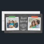 Two Photo Washi Tape Chalkboard Holiday Photo Card<br><div class="desc">This trendy and budget friendly Christmas holiday card features two of your favourite photos in style frames with patterned washi tape in cheerful red and green against a chalkboard background. Don't forget to personalize with your own photo captions, message text and family name! Photography by Shanna Russell Photography, San Antonio...</div>