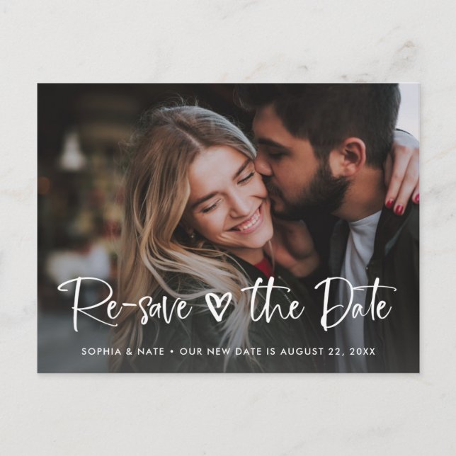 Two Photo | White Heart and Script Change the Date Announcement Postcard (Front)