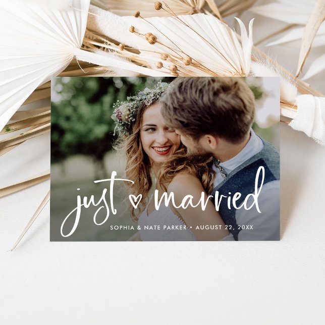 Two Photo | White Heart and Script Just Married Announcement Postcard (Creator Uploaded)